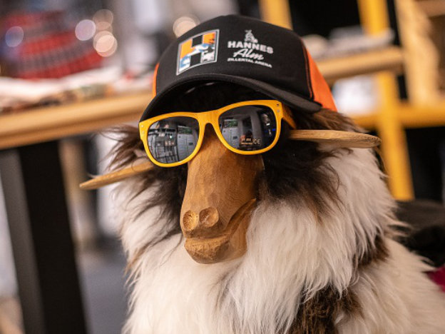 A wooden sheep wearing a Hannes Alm cap and orange sunglasses