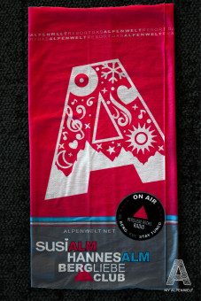 pink grey tube scarf with logos